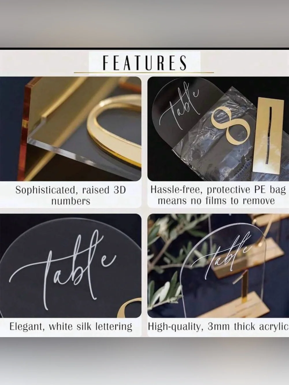 Acrylic Table Number Sign - Clear with Gold Accent 1-10
